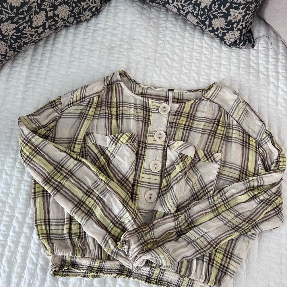 Free People Cream and Brown Plaid Top